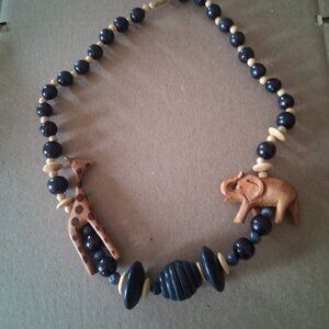 Wooden Beaded Necklace with Elephant & Giraffe - 16 inch